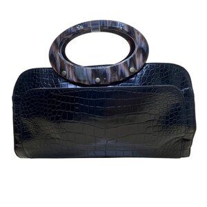 Adrienne Vittadini Women’s Black Leather Croc Embossed Tortoiseshell Top Handle